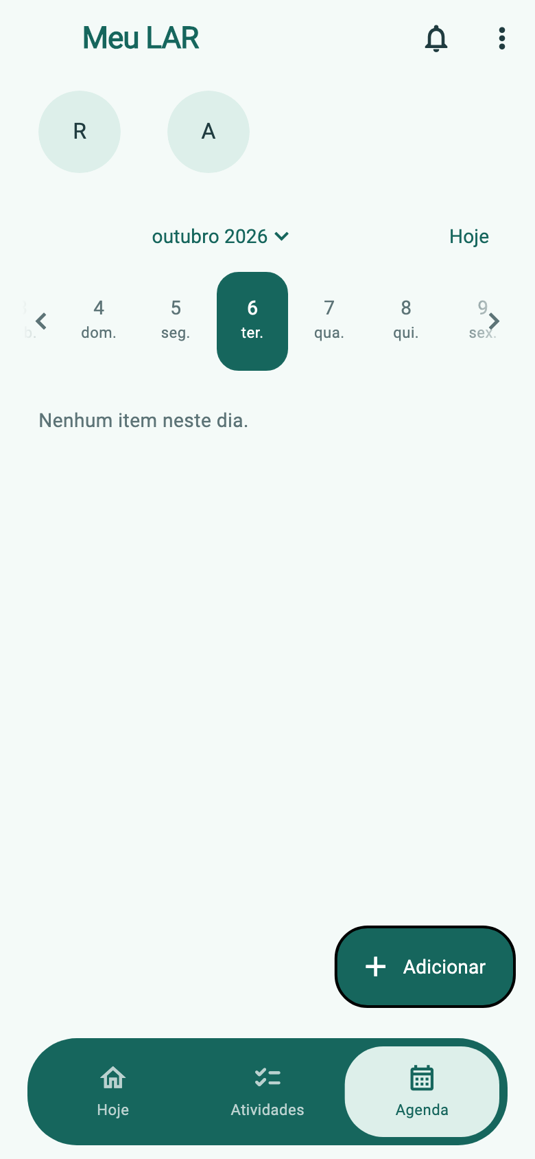 Tela demonstrativa da agenda familiar