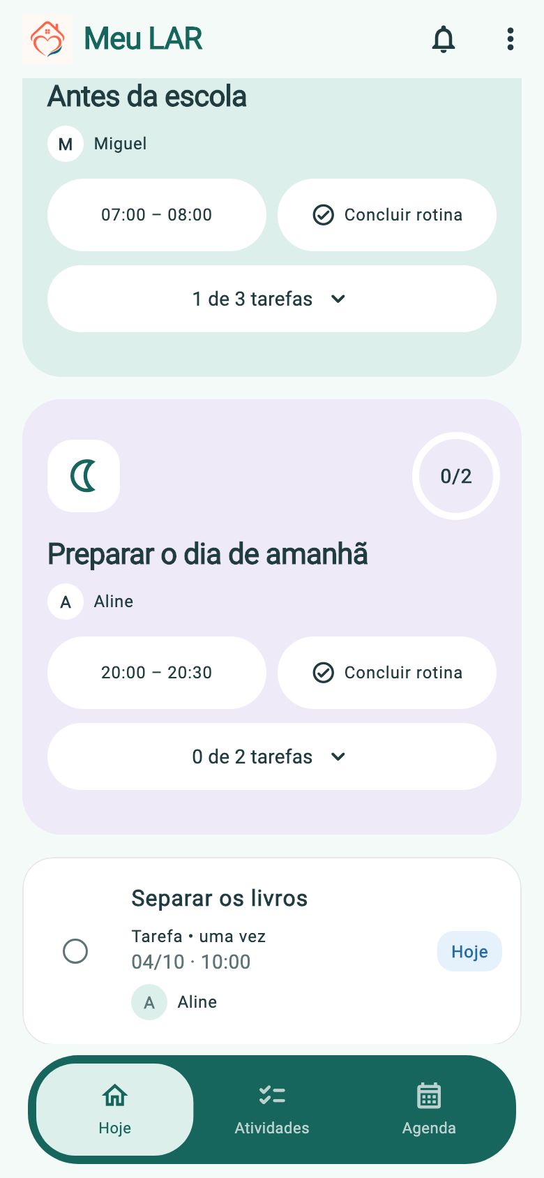Tela demonstrativa de atividades do Meu LAR, com dados fictícios